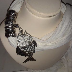 Scarf Ring Sliders, Silver Tone Fish Dangle